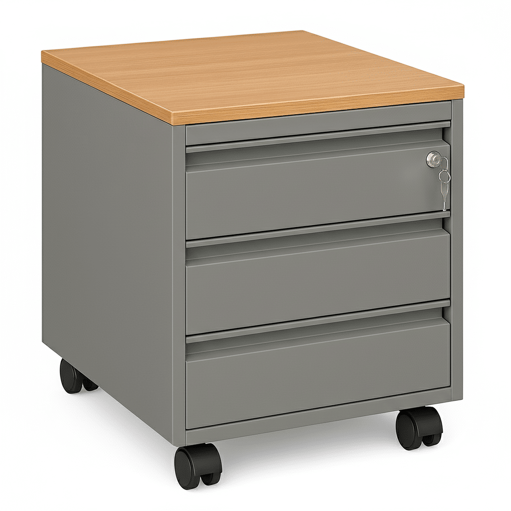 Caisson mobile semi-métallique 3 tiroirs avec serrure MDF bois clair et roulettes
