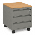 Caisson mobile semi-métallique 3 tiroirs avec serrure – MDF bois clair et roulettes