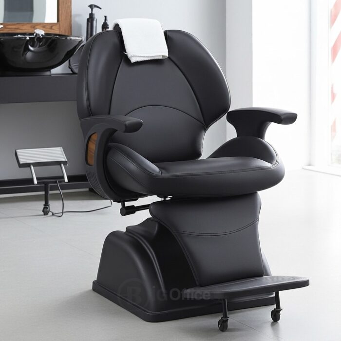 Chaise de coiffure professionnelle pour homme en simili cuir noir avec repose-pieds – Image 5
