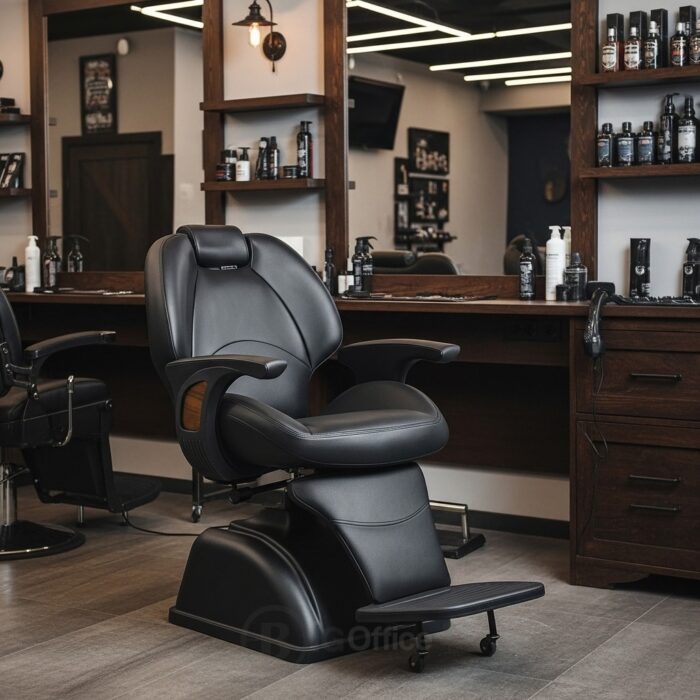 Chaise de coiffure professionnelle pour homme en simili cuir noir avec repose-pieds – Image 6