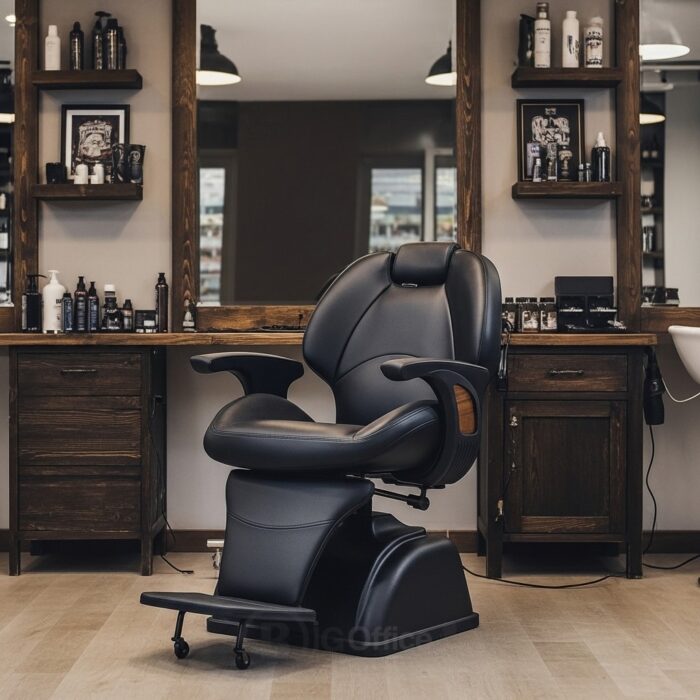 Chaise de coiffure professionnelle pour homme en simili cuir noir avec repose-pieds – Image 4