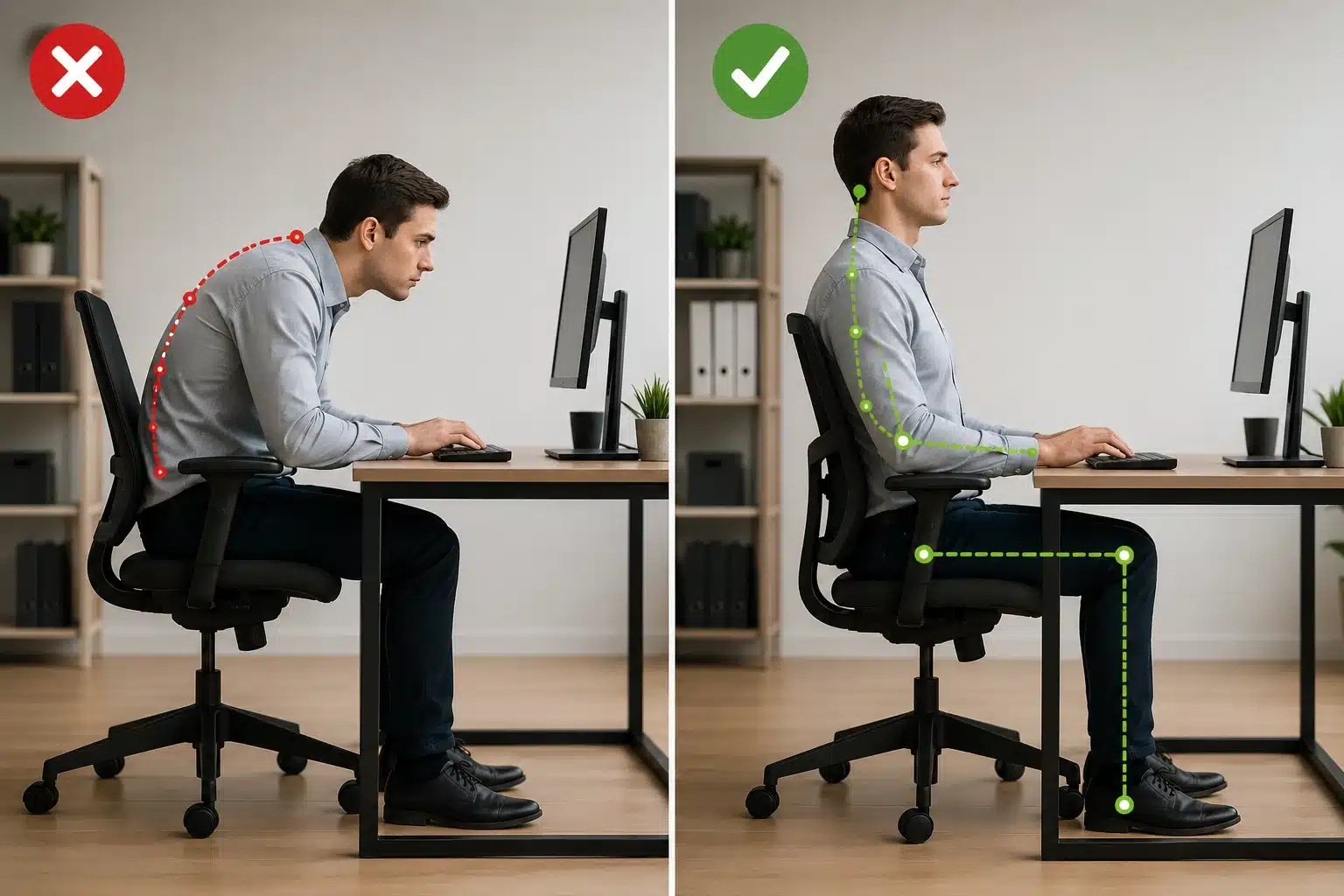 Comparaison entre une bonne et une mauvaise posture assis au bureau