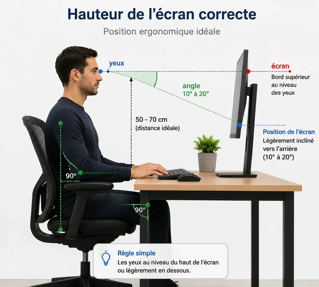 Illustration de la hauteur correcte de l'écran pour un bureau ergonomique à la maison