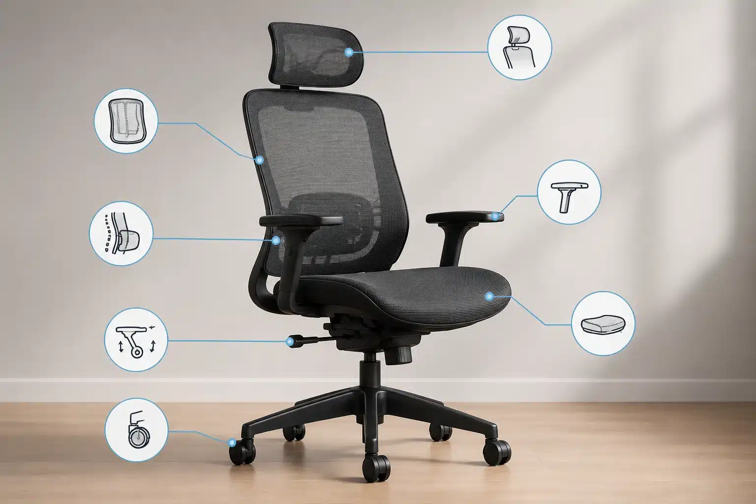 Schéma des différentes pièces d'une chaise ergonomique de bureau