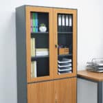 Armoire Bibliothèque Métal Bois avec Portes Vitrées – 90x185x40 cm – Image 3