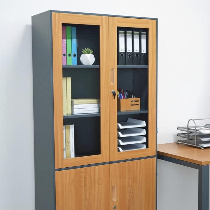 Armoire Bibliothèque Métal Bois avec Portes Vitrées – 90x185x40 cm – Image 3