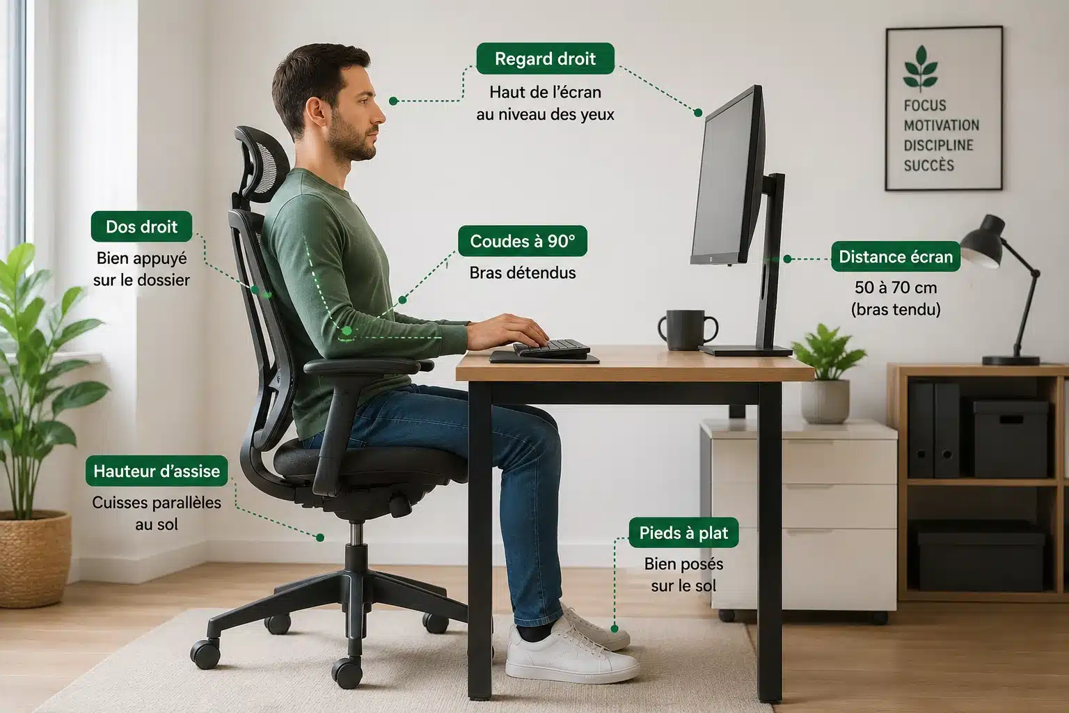 Poste de travail à domicile bien aménagé avec chaise réglable et bureau adapté