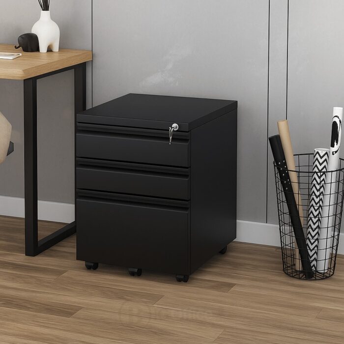 Caisson de bureau noir à roulettes avec 3 tiroirs verrouillables – WLS-52 – Image 5