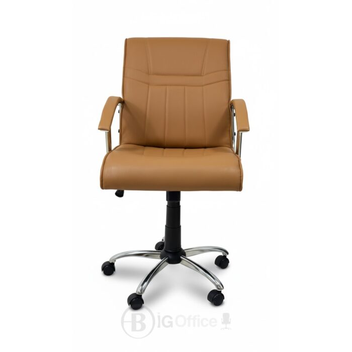 Chaise de bureau ergonomique en similicuir marron avec accoudoirs chromés – Image 2