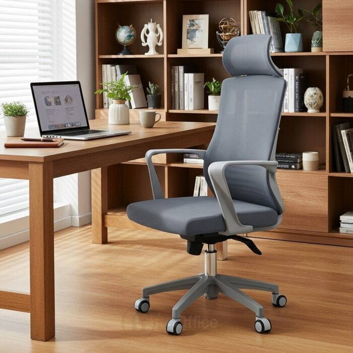 Chaise de bureau ergonomique maille grise avec dossier haut et roulettes – Image 5