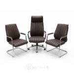 Ensemble fauteuil de direction et chaises visiteurs en similicuir marron foncé – Piètement chromé