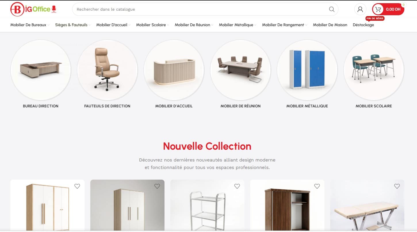 Interface du site BigOffice.ma, site d'achat de meubles de bureau au Maroc