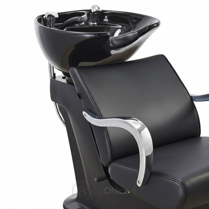 Lave-tête coiffure professionnel avec fauteuil en simili cuir – Bac de lavage inclinable avec évier en céramique – Noir – Image 4
