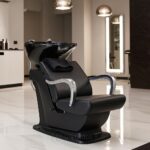 Lave-tête coiffure professionnel avec fauteuil en simili cuir – Bac de lavage inclinable avec évier en céramique – Noir – Image 5