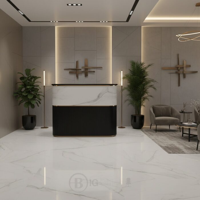 Comptoir d’accueil moderne noir et marbre blanc avec finition dorée – Big Office – Image 9