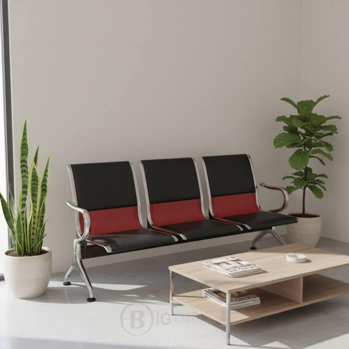 Banquette d’accueil 3 places design noir et rouge – structure métallique chromée – Image 7