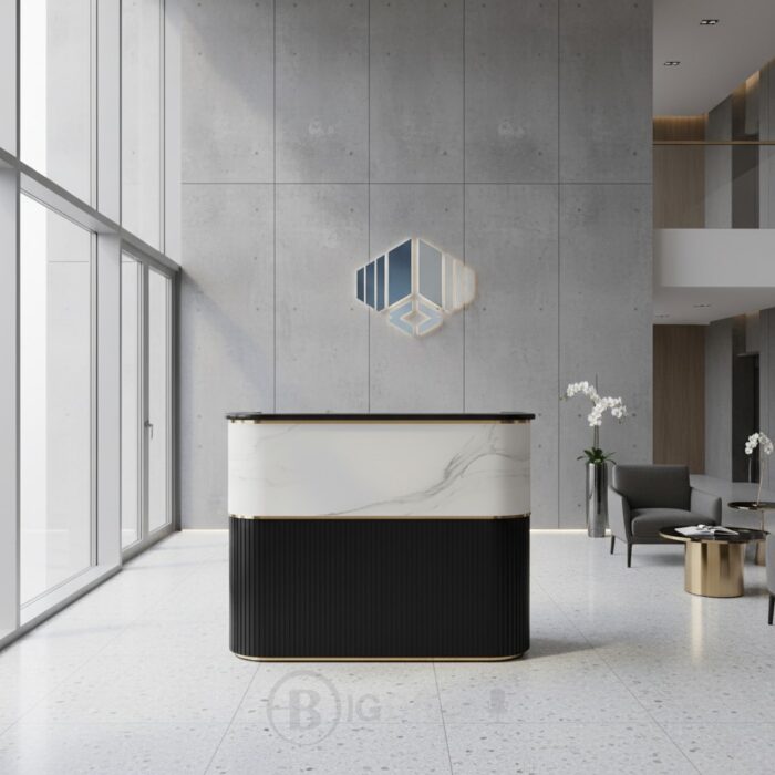Comptoir d’accueil moderne noir et marbre blanc avec finition dorée – Big Office – Image 8