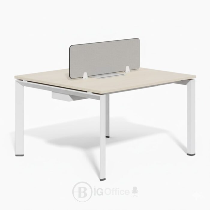 Bureau multiposte 2 places avec cloison séparatrice et piètement triangulaire – Pieds métal blanc et plateau bois clair | Big Office Maroc – Image 2