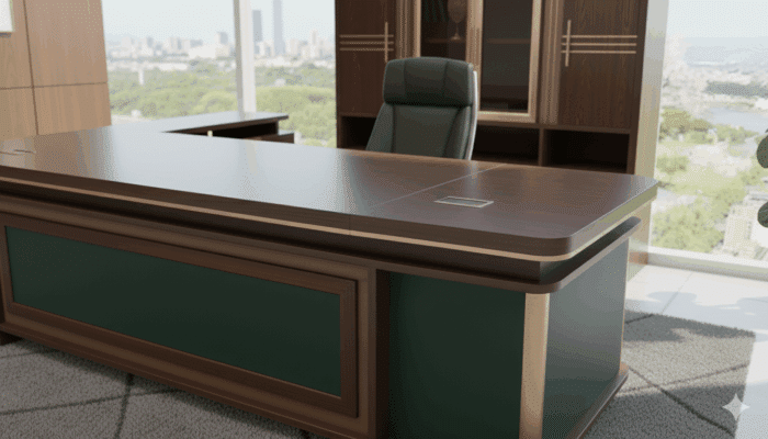 Bureau président royal 300 cm signé Big Office – Design de direction en bois et cuir vert – Image 2