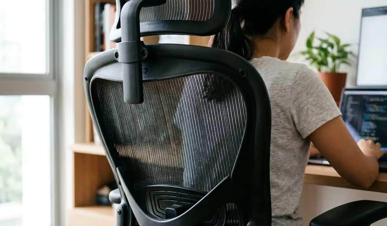 Détail du dossier en mesh d'un fauteuil de bureau ergonomique