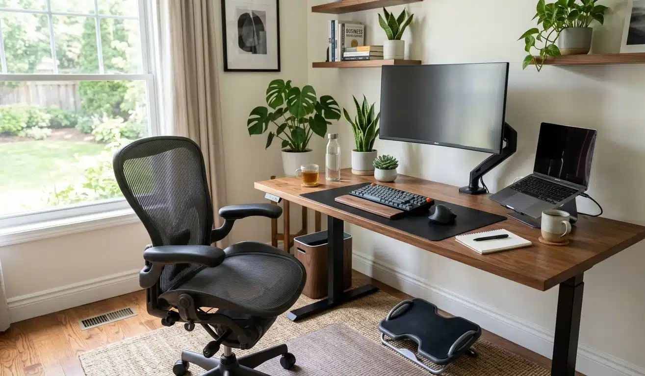 Espace de travail ergonomique à domicile avec fauteuil de bureau de qualité