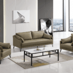 Salon de bureau moderne en cuir synthétique greige – Canapé 3 places + 2 fauteuils