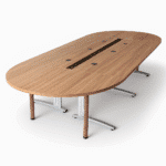 Table de réunion modulaire en bois clair – Plateau ovale avec passages de câbles