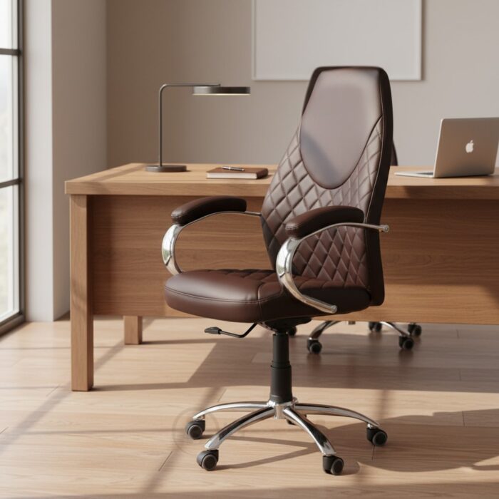 Fauteuil de Direction Ergonomique 155P – Simili Cuir Marron – Accoudoirs Chromés – Image 4