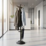 Porte-manteau sur pied en métal noir avec base plastique et récupérateur d’eau de pluie – Image 3