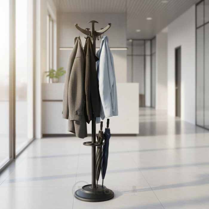 Porte-manteau sur pied en métal noir avec base plastique et récupérateur d’eau de pluie – Image 3