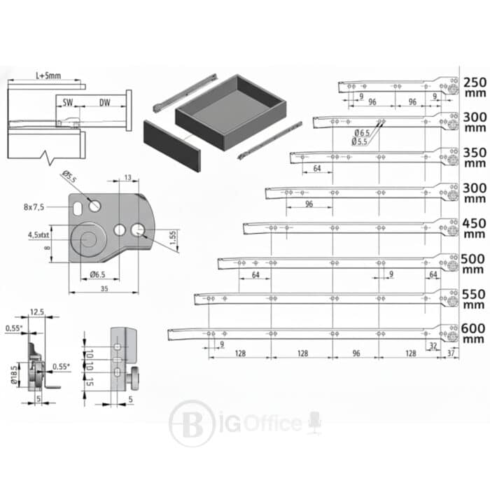 Rails Coulissants pour Tiroir - Glissières Métalliques à Galets | Big Office Maroc – Image 3