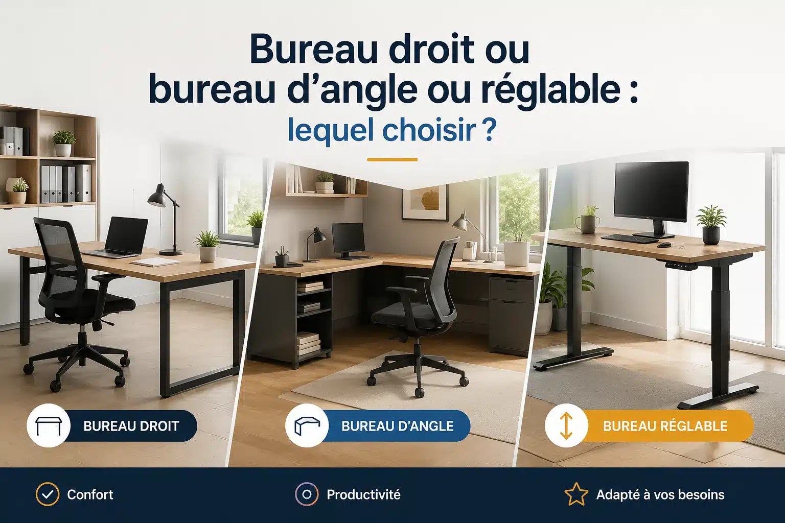 Bureau droit ou bureau d'angle ou réglable