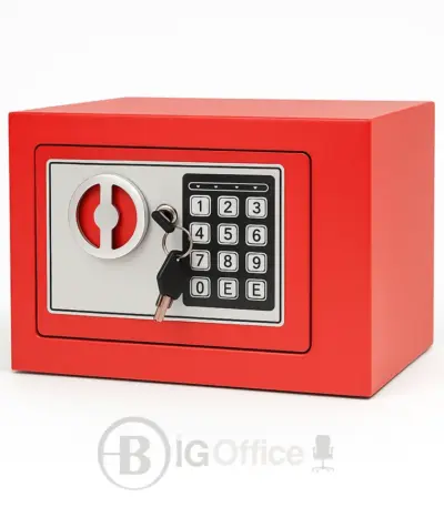 Coffre-fort électronique compact rouge avec clavier numérique et clé de secours