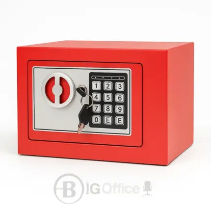 Coffre-fort électronique compact rouge avec clavier numérique et clé de secours