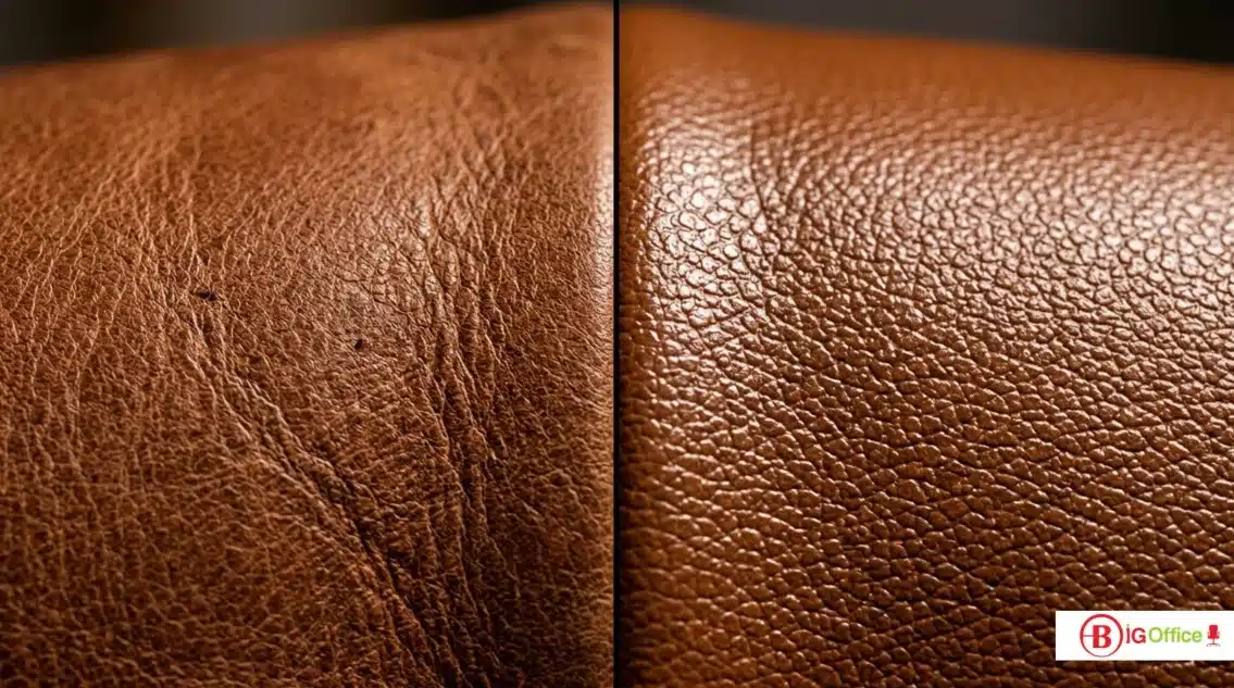 Comparaison cuir véritable et similicuir — détail texture et entretien