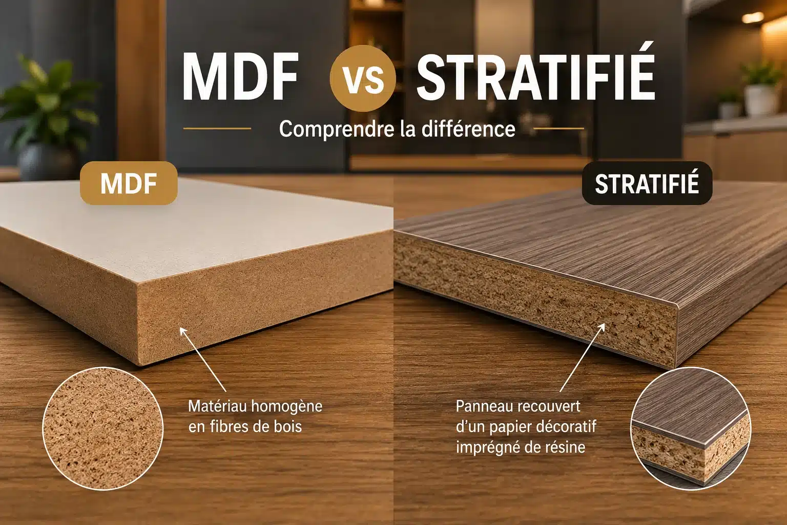 Comparaison visuelle côte à côte entre un panneau MDF brut et un panneau stratifié finition bois