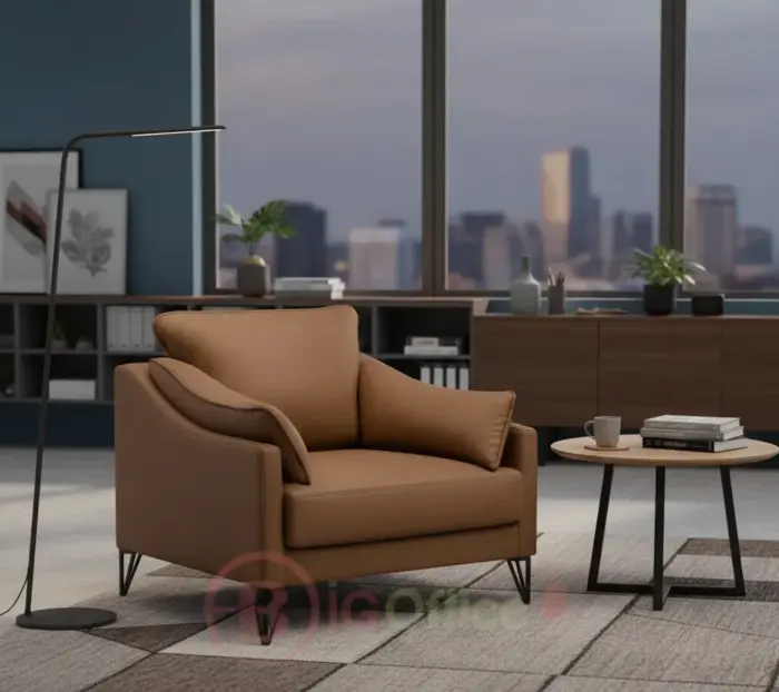 Fauteuil d’accueil en similicuir marron – Piètement métal design – Image 2