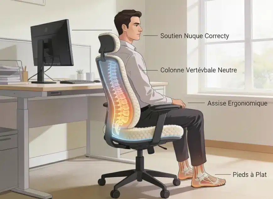 Guide visuel de la posture assise ergonomique sur une chaise de bureau avec soutien lombaire