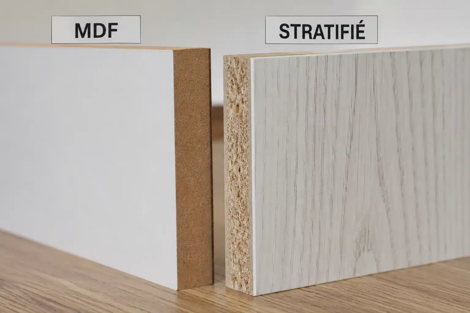Différence visuelle entre panneau MDF brut et panneau stratifié pour meubles au Maroc