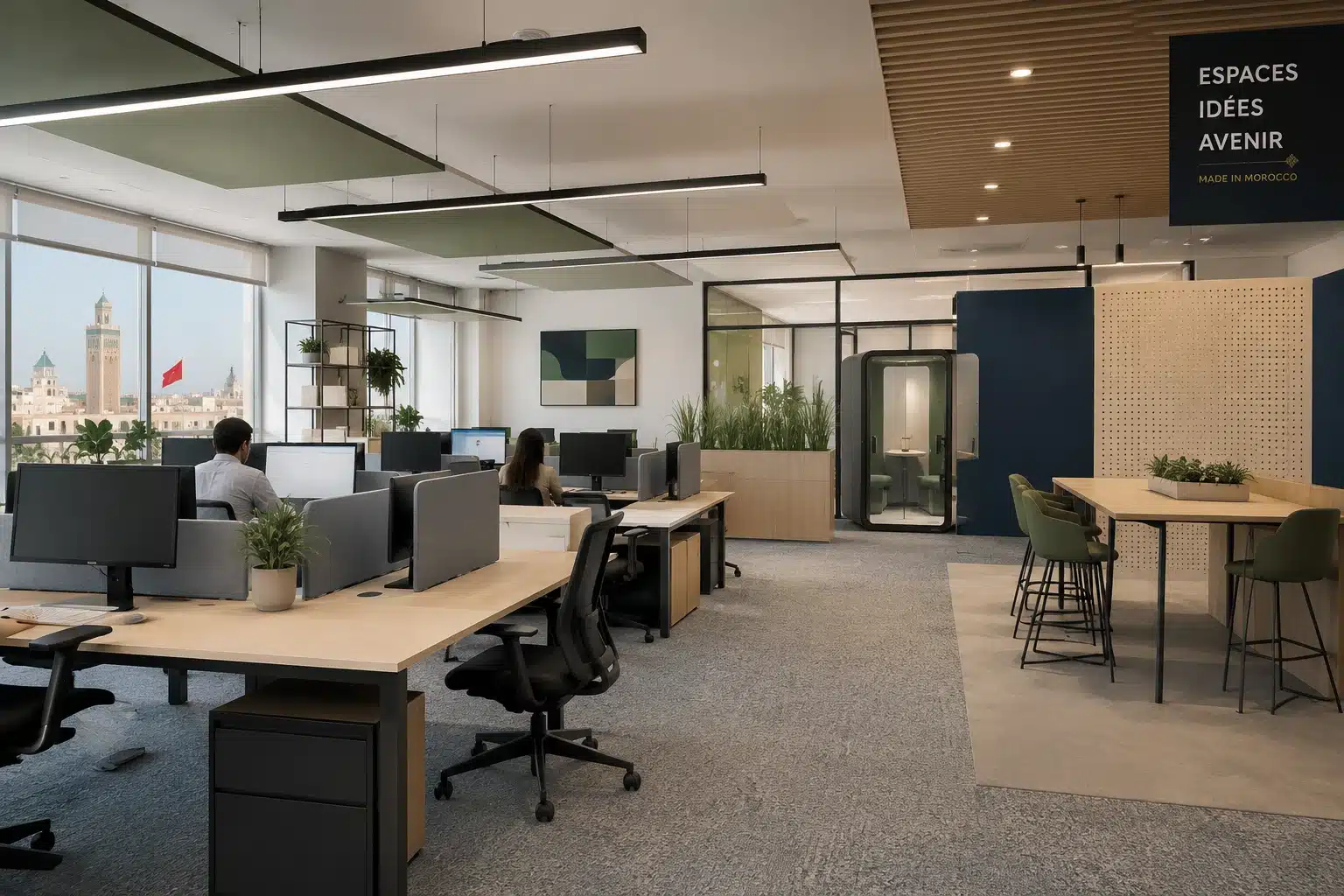 Aménagement open space PME Maroc avec mobilier bench et zones de travail organisées