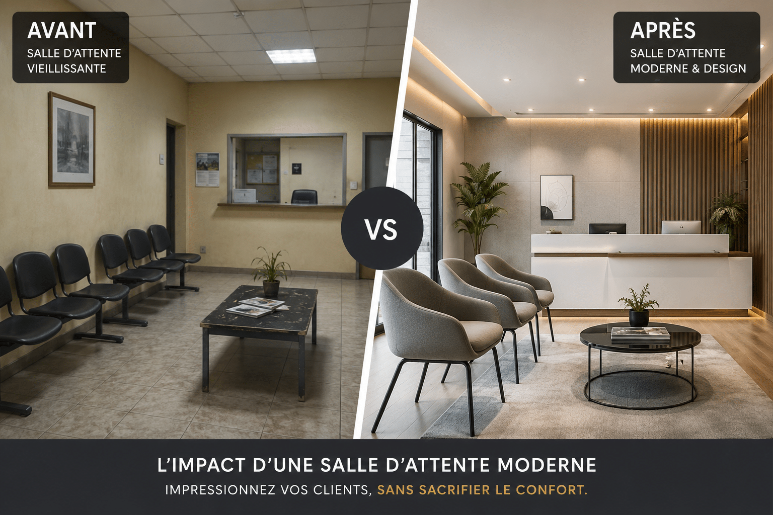 Comparaison avant après d'une salle d'attente aménagée avec des chaises visiteurs design