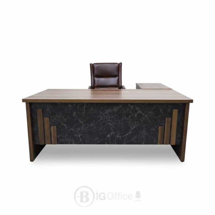 Bureau de Direction MEKNÈS 180 cm + Caisson et Retour - Bois & Façade Marbre Noir – Image 2