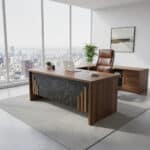 Bureau de Direction MEKNÈS 180 cm + Caisson et Retour - Bois & Façade Marbre Noir – Image 5