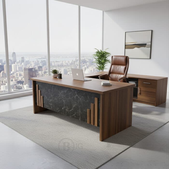 Bureau de Direction MEKNÈS 180 cm + Caisson et Retour - Bois & Façade Marbre Noir – Image 5