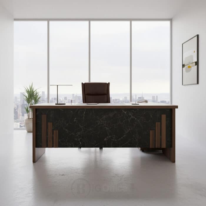 Bureau de Direction MEKNÈS 180 cm + Caisson et Retour - Bois & Façade Marbre Noir – Image 6