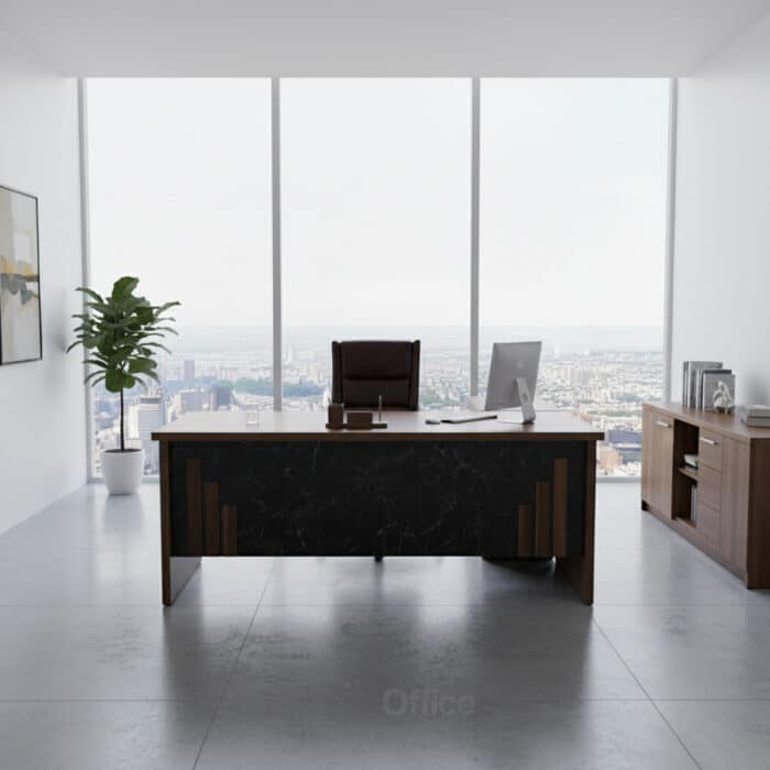 Bureau de Direction MEKNÈS 180 cm + Caisson et Retour - Bois & Façade Marbre Noir – Image 7