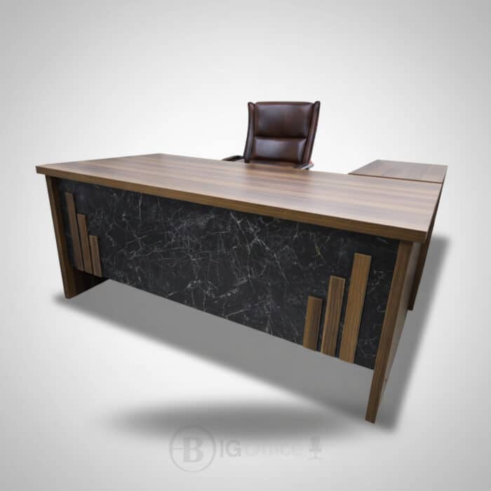 Bureau de Direction MEKNÈS 180 cm + Caisson et Retour - Bois & Façade Marbre Noir – Image 3