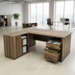 Bureau de Direction MEKNÈS 180 cm + Caisson et Retour - Bois & Façade Marbre Noir – Image 9