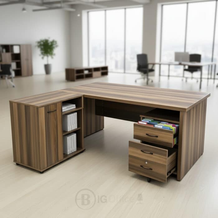 Bureau de Direction MEKNÈS 180 cm + Caisson et Retour - Bois & Façade Marbre Noir – Image 9