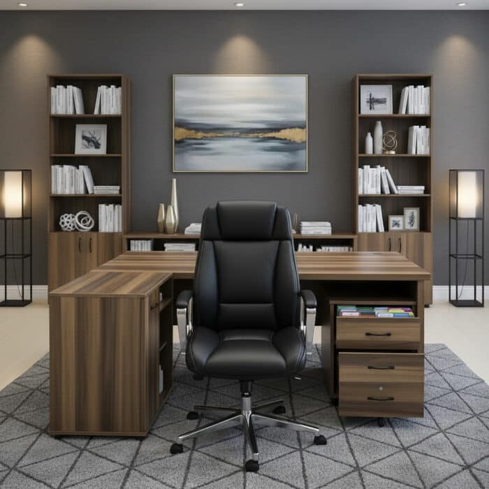 Bureau de Direction MEKNÈS 180 cm + Caisson et Retour - Bois & Façade Marbre Noir – Image 10